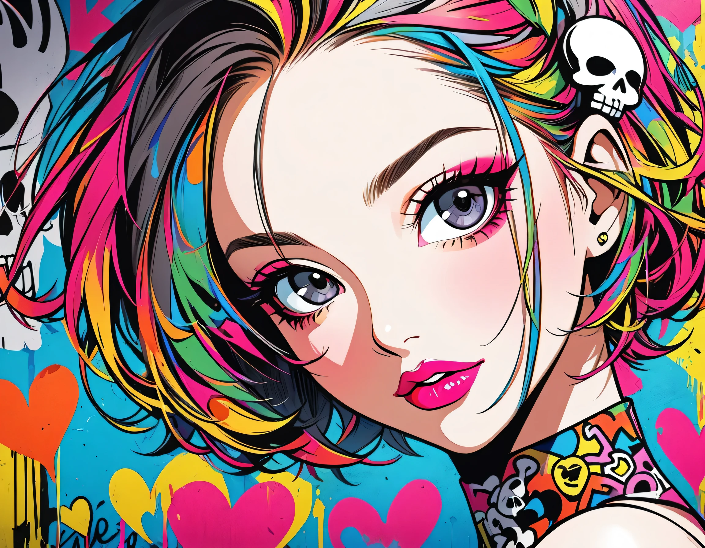 Ultra-realism Keith Haring colorful style, Simple Line Initialism，Abstract art，(((The most beautiful girl of all time))), Sweet face. Lips in love, colorful hearts, stylish design, Summer Skull fashion, Dark Eyes, Graffiti on the wall