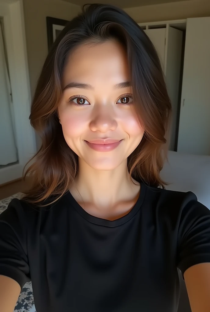 Beutiful girl 24 year old portrait Real girl at home Black t shirt selfie picture