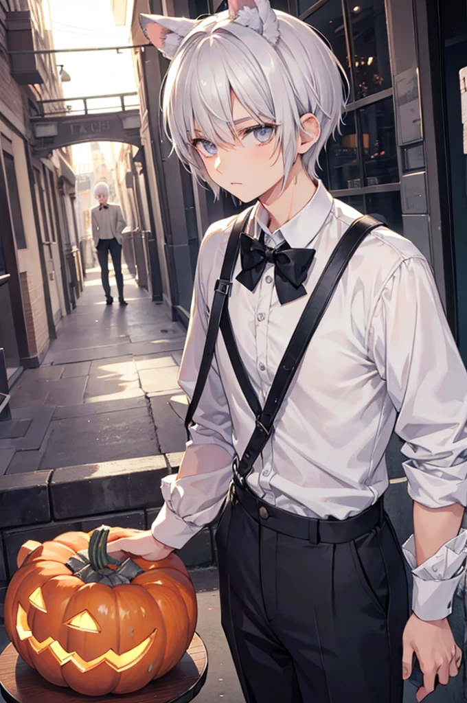 Silver Hair　Short Hair　Grey Eyes　Handsome　Beautiful Boy　Halloween　　pumpkin　Bears Ears