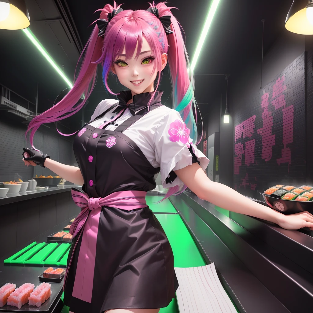 a japanese manga style illustration, 1 girl, twin pigtails hairstyle, magenta and neon green gradient hair color, smiling expression, knocking over plates of sushi on a conveyor belt in a sushi restaurant, dark goth lolita fashion, neon colors, dynamic action pose, best quality, 8k, ultra-detailed, photorealistic, vibrant colors, dramatic lighting, colorful, studio lighting, hyper detailed, fantasy, anime