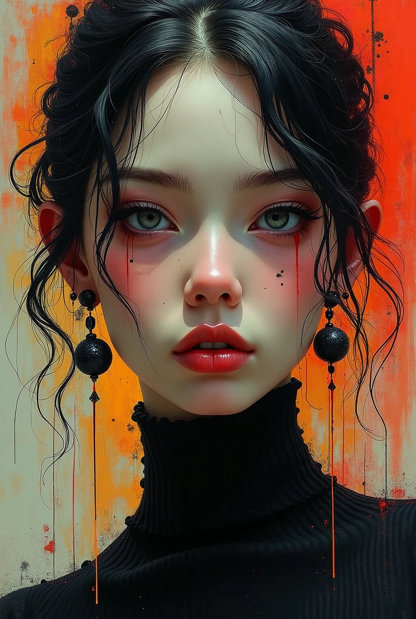 Style is similar to Grimly,Hans Hartung (Hans Hartung) 风格 Hans Hartung (Hans Hartung) Stunning artistic effects,{With text:"God is dead":1.8},1 girl,Charming eyes,Multiple earrings