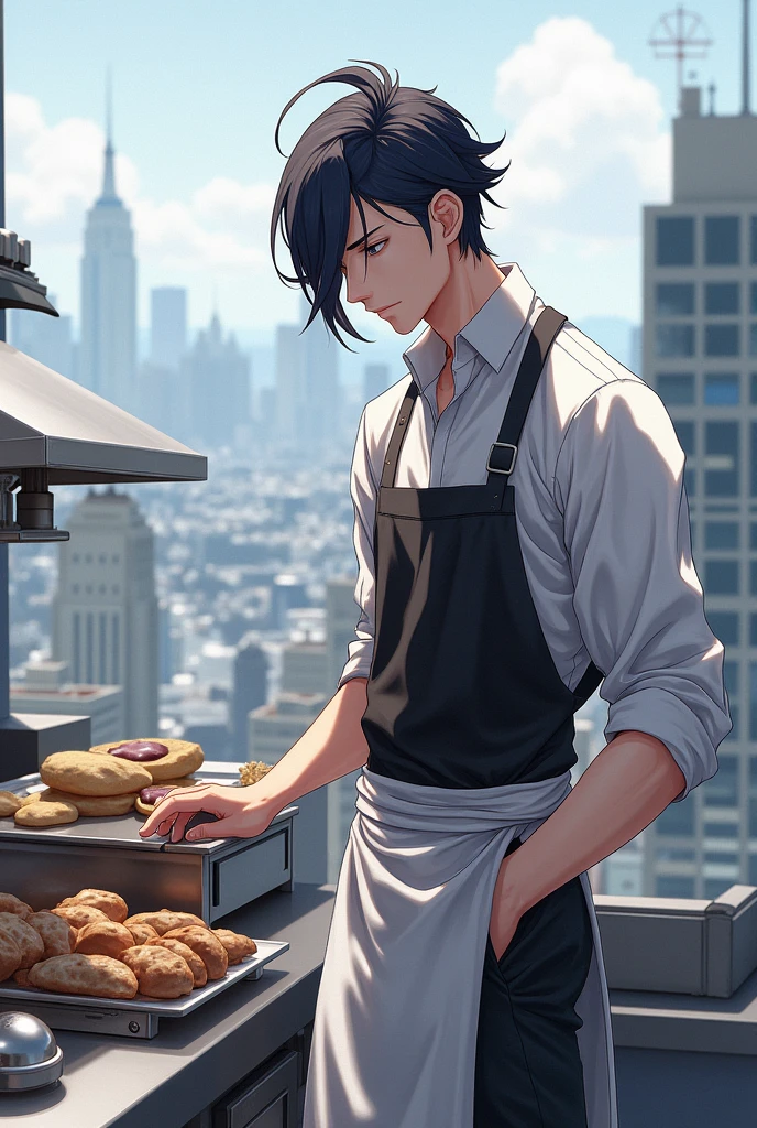 I am looking to design a male character., High, Short hair almost shoulder length and half up, black hair, roof, baking