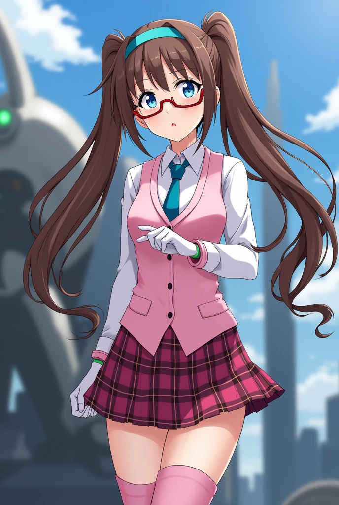 Mari Makinami、Long Hair、Brown Hair、Twin tails、(ローTwin tails:1.5)、Headband、青Headband、blue eyes、(Parted bangs:1.5)、
skirt、Thigh-high socks、school uniform、pantyhose、tie、Plaid、Plaidskirt、shirt、白shirt、襟付きshirt、Short sleeve、Glasses、不透明Glasses、
Bodysuits、Mecha、sf、赤縁Glasses、Pilot Suit、Plug Suit、ピンクのBodysuits、tall