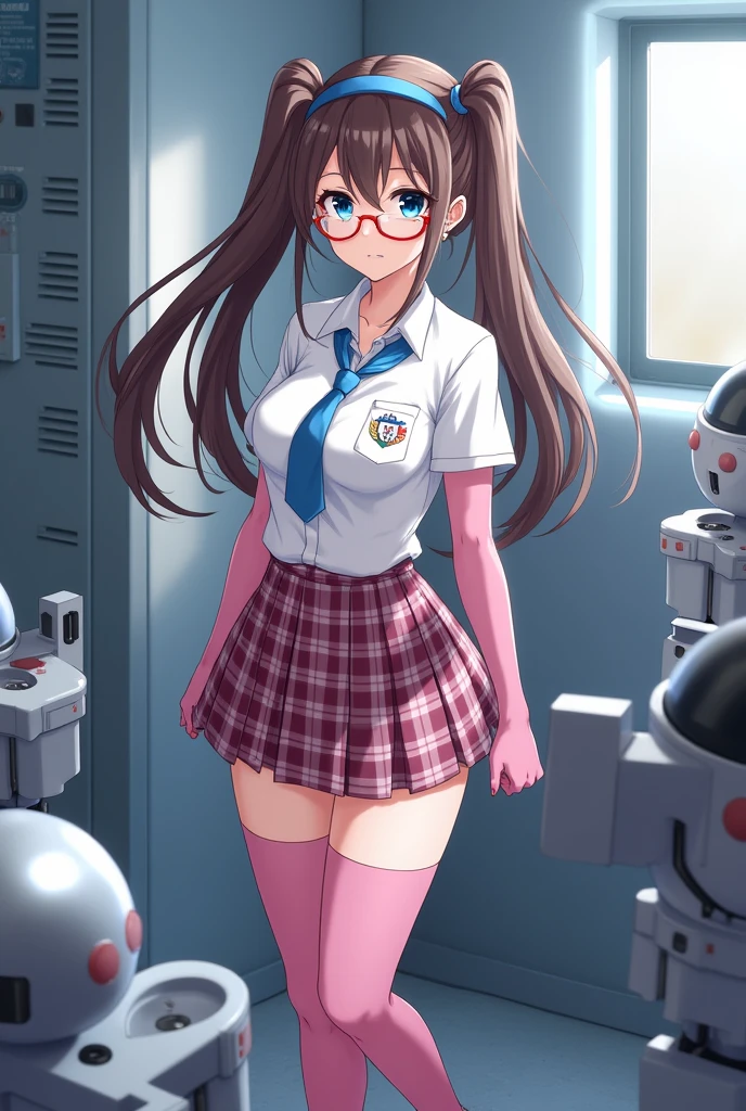 Mari Makinami、Long Hair、Brown Hair、Twin tails、(ローTwin tails:1.5)、Headband、青Headband、blue eyes、(Parted bangs:1.5)、
skirt、Thigh-high socks、school uniform、pantyhose、tie、Plaid、Plaidskirt、shirt、白shirt、襟付きshirt、Short sleeve、Glasses、不透明Glasses、
Bodysuits、Mecha、sf、赤縁Glasses、Pilot Suit、Plug Suit、ピンクのBodysuits、tall