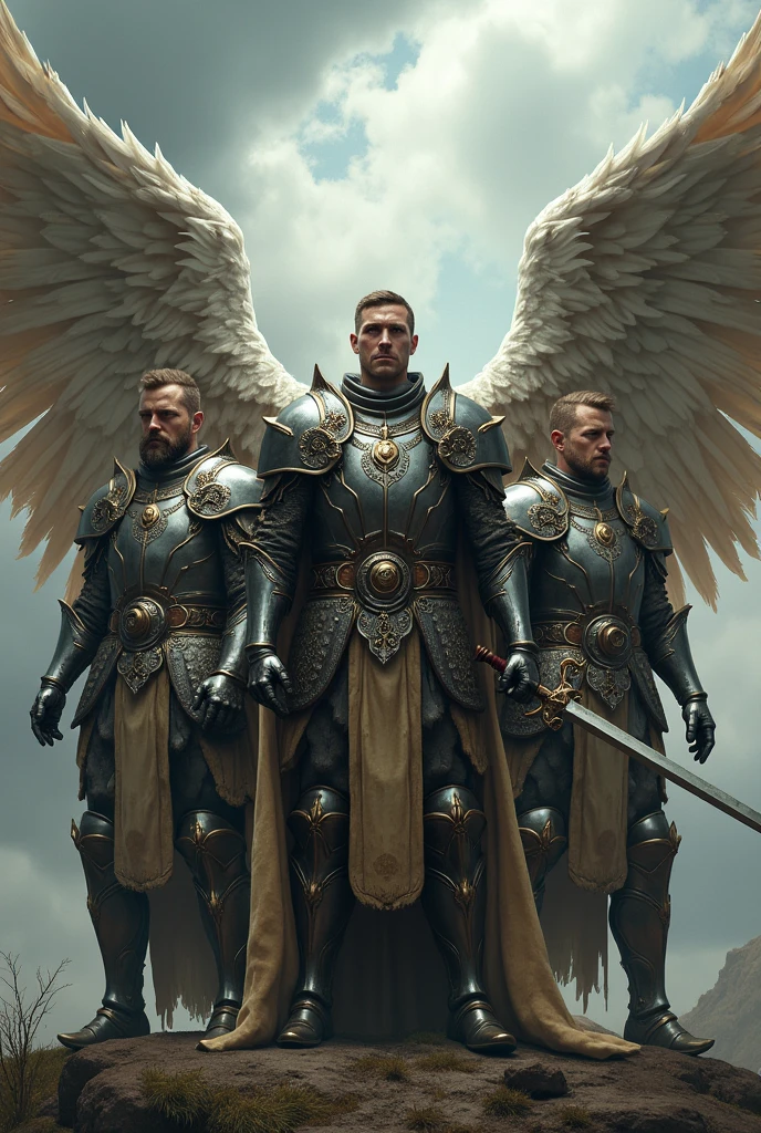 Three men in armor, one with wings in the middle