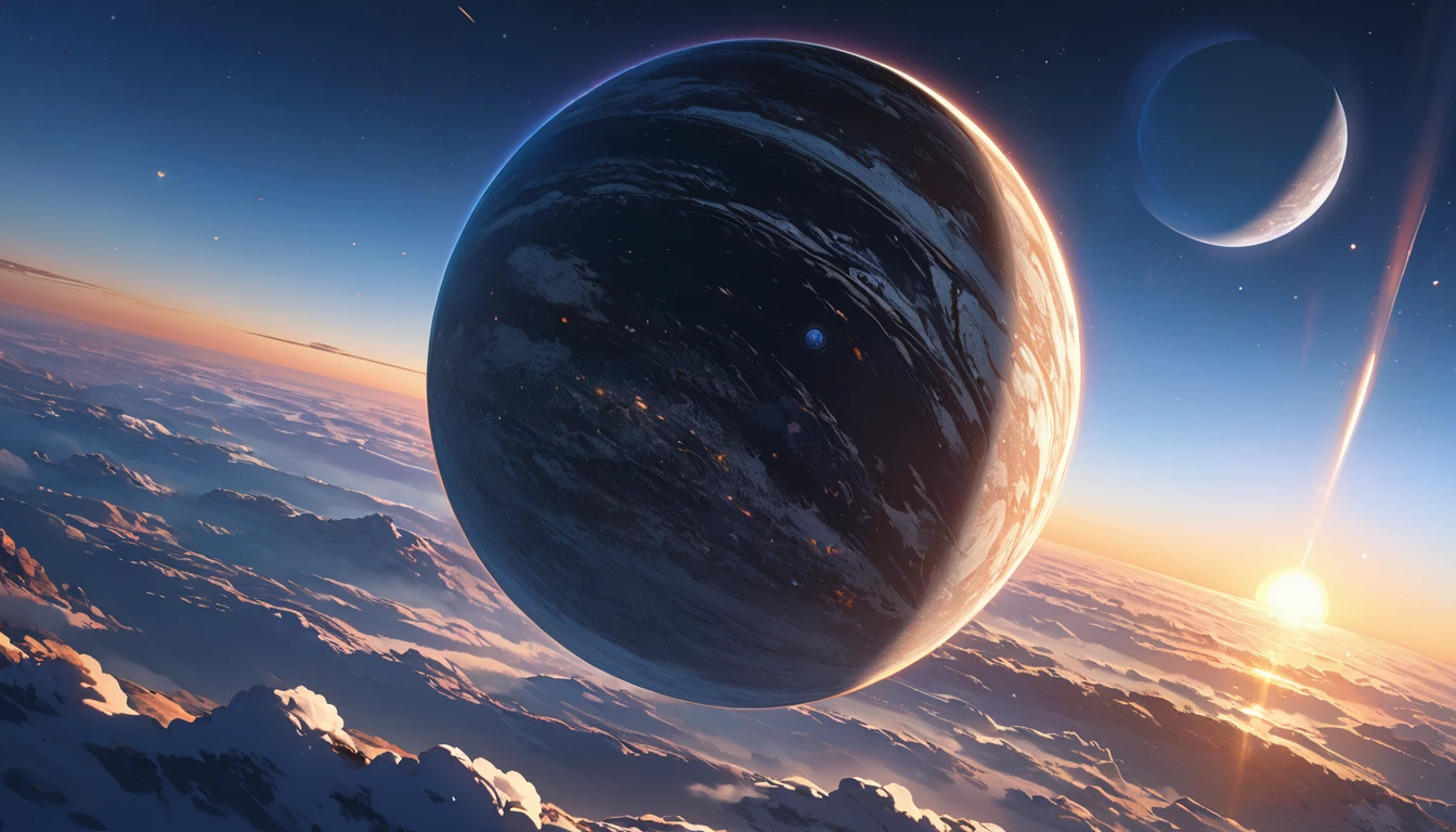 ultra detailed, 16k, master piece, in the space, surface, sunrise, sun, horizon
