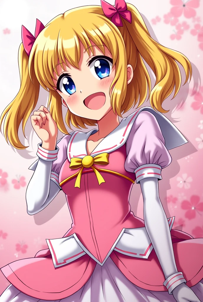 masterpiece, Highest quality, Attention to detail, cuteピクセルアート, Vivid, young woman, cute, smile, Facing the front, Open your mouth,Flashy idol costumes,Pretty Cure,Cel painting