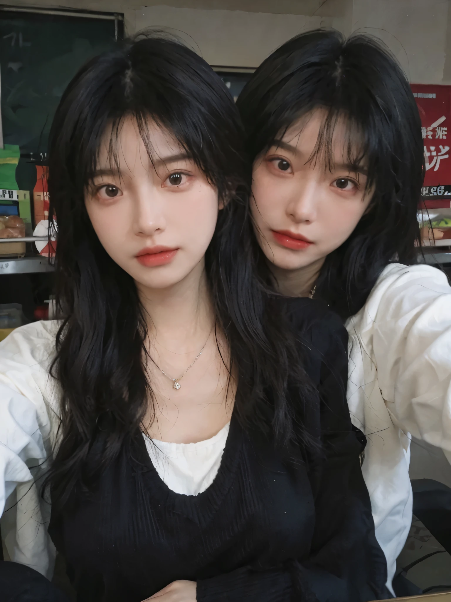 Best quality,Ultra-high resolution,(Realism:1.4),Cute hairpins,girll,Cropped black sweater,Look directly at the audience,Full of atmosphere,Beautiful woman with a slim figure:1.4,supermarket,whole body,Super delicate face,Exquisite eyes,Double eyelids,necklace