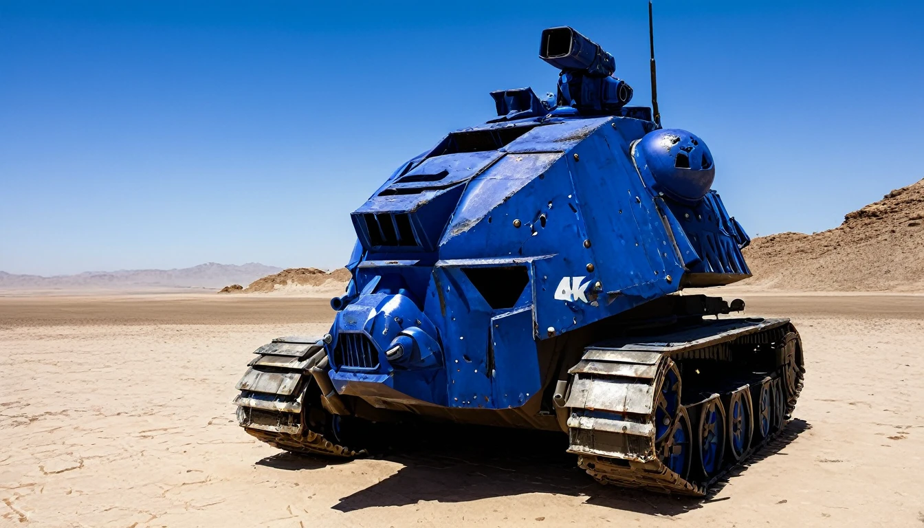 a grim battle-scarred Ultramarine Space Marine helmet off, standing next to a battle-scarred Rhino combat tank in a windy desert daytime, glamour shot from low angle, (best quality,4k,8k,highres,masterpiece:1.2),ultra-detailed,(realistic,photorealistic,photo-realistic:1.37),cinematic lighting,dramatic shadows,moody atmosphere,gritty,high contrast,muted colors,worn textures,imperfections,weathered,rugged