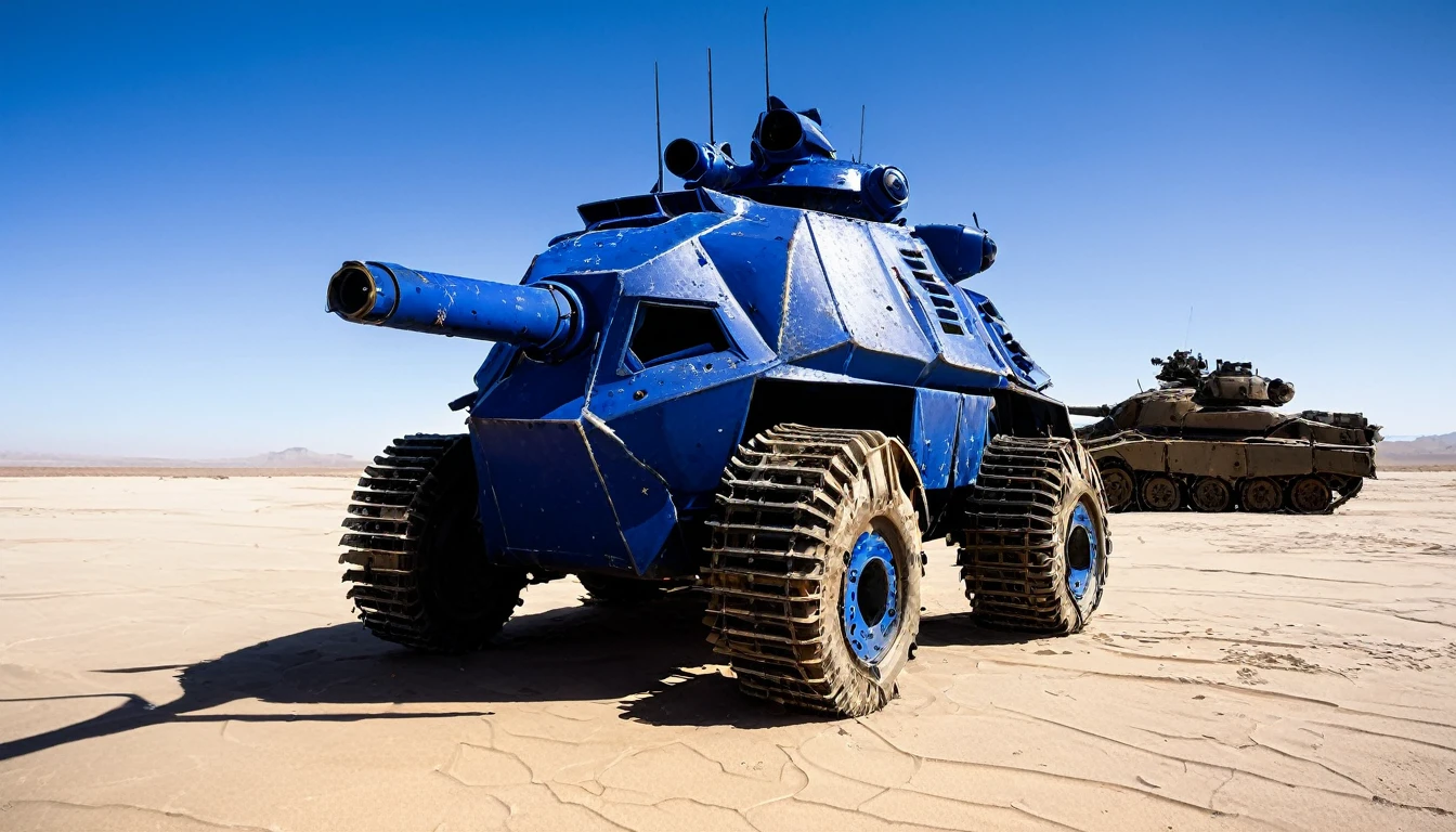 a grim battle-scarred Ultramarine Space Marine helmet off, standing next to a battle-scarred Rhino combat tank in a windy desert daytime, glamour shot from low angle, (best quality,4k,8k,highres,masterpiece:1.2),ultra-detailed,(realistic,photorealistic,photo-realistic:1.37),cinematic lighting,dramatic shadows,moody atmosphere,gritty,high contrast,muted colors,worn textures,imperfections,weathered,rugged