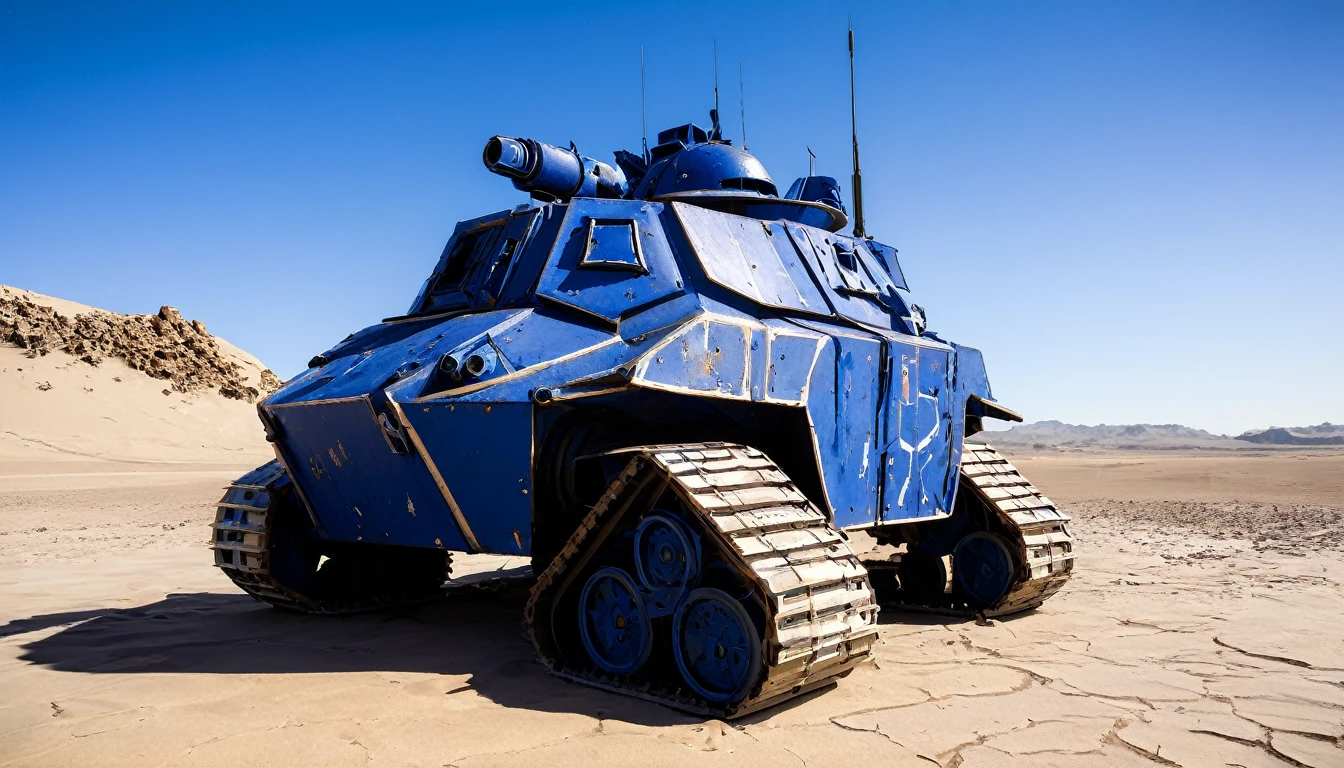 a grim battle-scarred Ultramarine Space Marine helmet off, standing next to a battle-scarred Rhino combat tank in a windy desert daytime, glamour shot from low angle, (best quality,4k,8k,highres,masterpiece:1.2),ultra-detailed,(realistic,photorealistic,photo-realistic:1.37),cinematic lighting,dramatic shadows,moody atmosphere,gritty,high contrast,muted colors,worn textures,imperfections,weathered,rugged