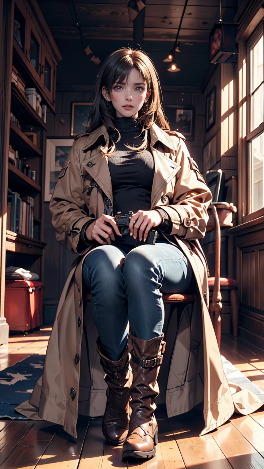 (Suspense Scene ((Concept Art)), Highly detailed image of a girl in jeans and a brown coat and boots), (Better lighting, Better Shadows, Very delicate and scary), (Digital Illustration), ((4K Painting)), [(Dynamic Angle,((One person)),Gray Hair, (Beautiful Face, Perfect Face, Scared,) Expressions of fear, Torn clothes, Holding a gun in your hand, Sitting on the floor, darkness, Scary House),  [:(dark, mysterious, Game Paint, An ominous setting, Jagged Hallway, Big House, silence):]