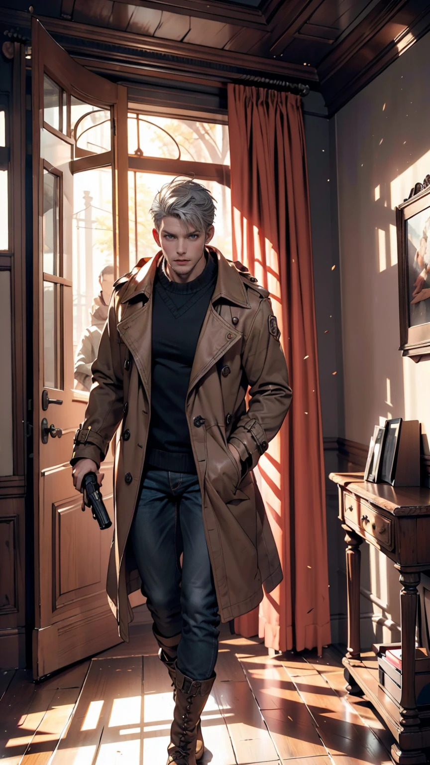 (Suspense Scene ((Concept Art)), Highly detailed image of a girl in jeans and a brown coat and boots), (Better lighting, Better Shadows, Very delicate and scary), (Digital Illustration), ((4K Painting)), [(Dynamic Angle,((One person)),Gray Hair, (Beautiful Face, Perfect Face, Scared,) Expressions of fear, Torn clothes, Holding a gun in your hand, Sitting on the floor, darkness, Scary House),  [:(dark, mysterious, Game Paint, An ominous setting, Jagged Hallway, Big House, silence):]
