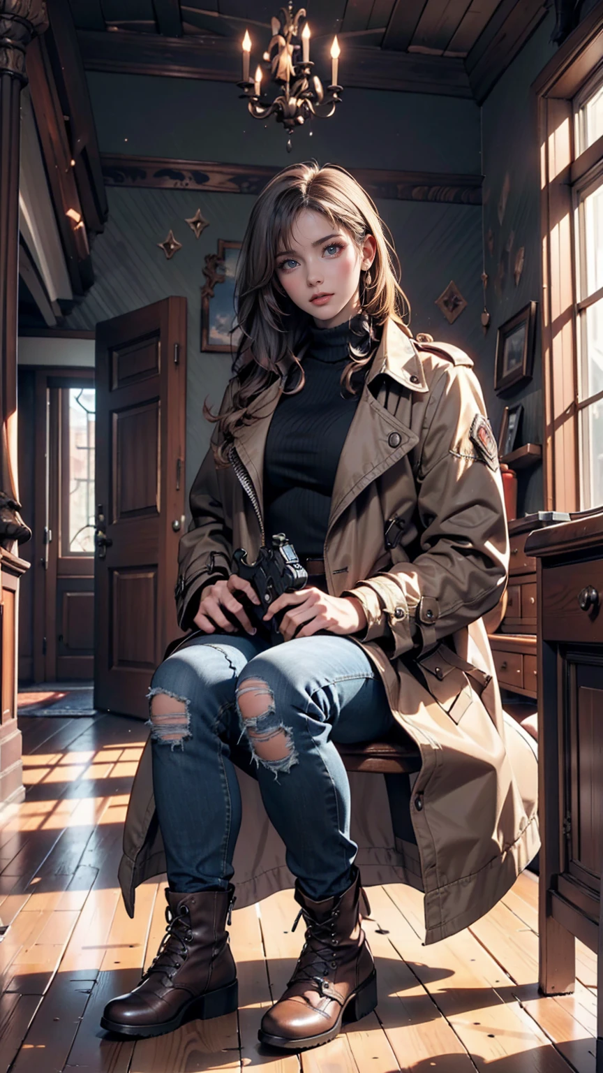(Suspense Scene ((Concept Art)), Highly detailed image of a girl in jeans and a brown coat and boots), (Better lighting, Better Shadows, Very delicate and scary), (Digital Illustration), ((4K Painting)), [(Dynamic Angle,((One person)),Gray Hair, (Beautiful Face, Perfect Face, Scared,) Expressions of fear, Torn clothes, Holding a gun in your hand, Sitting on the floor, darkness, Scary House),  [:(dark, mysterious, Game Paint, An ominous setting, Jagged Hallway, Big House, silence):]