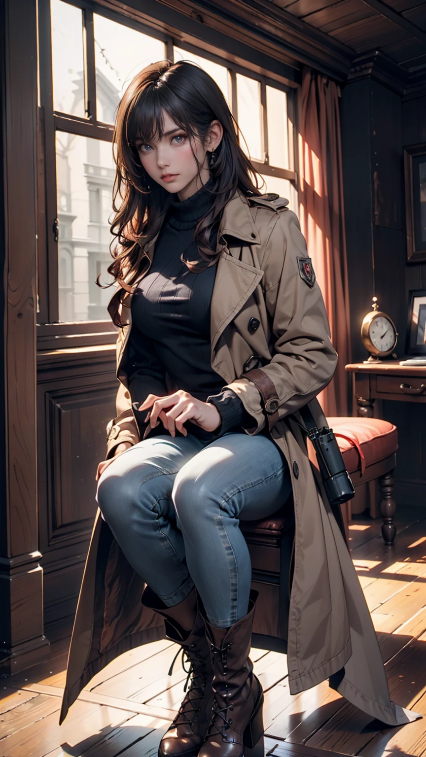 (Suspense Scene ((Concept Art)), Highly detailed image of a girl in jeans and a brown coat and boots), (Better lighting, Better Shadows, Very delicate and scary), (Digital Illustration), ((4K Painting)), [(Dynamic Angle,((One person)),Gray Hair, (Beautiful Face, Perfect Face, Scared,) Expressions of fear, Torn clothes, Holding a gun in your hand, Sitting on the floor, darkness, Scary House),  [:(dark, mysterious, Game Paint, An ominous setting, Jagged Hallway, Big House, silence):]
