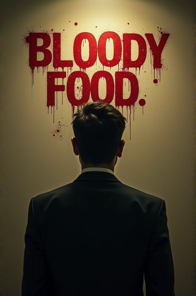 **Text**:
- **Director and Production Info**: On the top part of the wall behind the man, in small text and in a style similar to thriller movie credits, write: "Directed by Shahriar Rizvi and Toto Action Team. This is a psycho-thriller crime short film. The image is an AI-generated poster for 'Bloody Food,' and there is no connection to reality. Many people are eagerly inquiring about the progress and conclusion of the video. We can say that the work is still ongoing and in the final stages. We are optimistic that the video will be released at the beginning of September!"