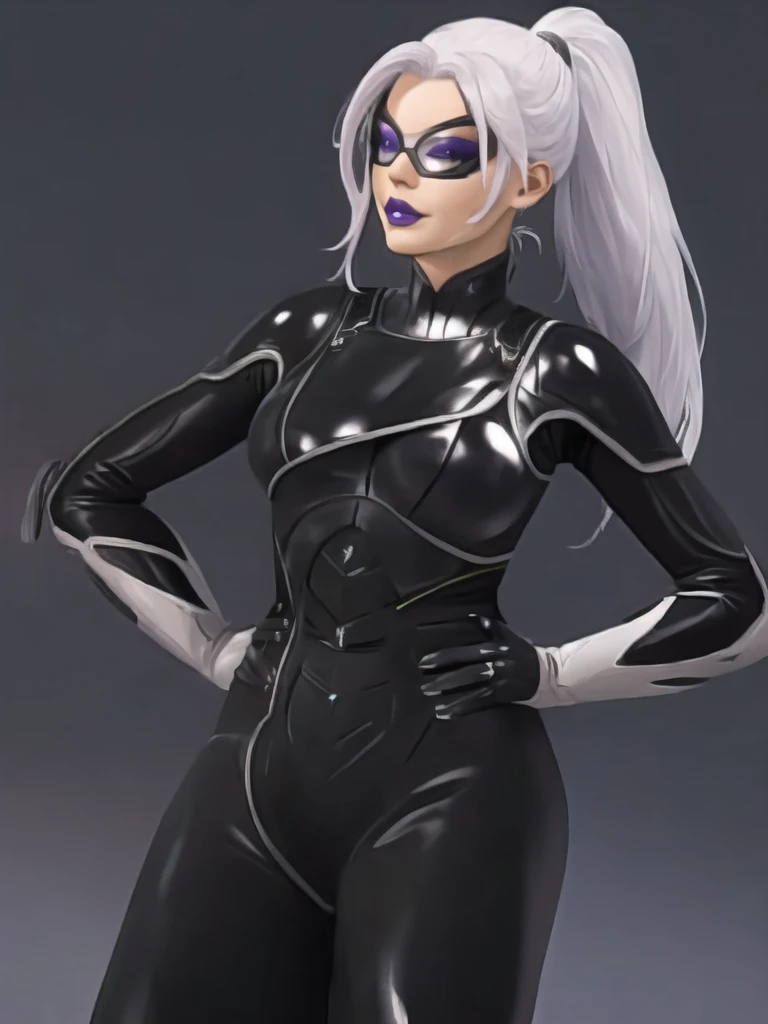 Bowei, feliciacat, 1girl, upper body, bodysuit, mask , solo, long hair, lips, white hair, ponytail, black bodysuit , looking at viewer, simple background, gloves, black background, mole under mouth, eyeshadow, hands on hips, black bodysuit,leather, latex, purple lips,  