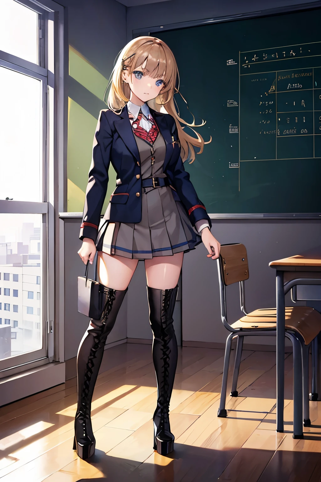 girl, standing, school, classroom, thigh high boots, platform boots, school uniform, lace up boots, high heels