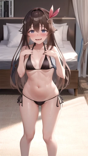 (((masterpiece,best quality,absurdres,8K))) , ((ts1,black bikini)),((front, looking at viewer,embarrassed,blush:1.7smile,steam:1.1,wet:0.8,trembling:0.8,tears:0.7,sweat:0.8)),((standing,fullbody shot,bed))