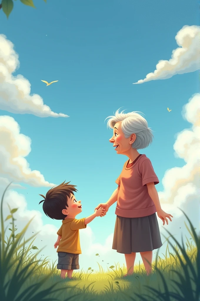 A boy with his maternal grandmother showing hand in clouds