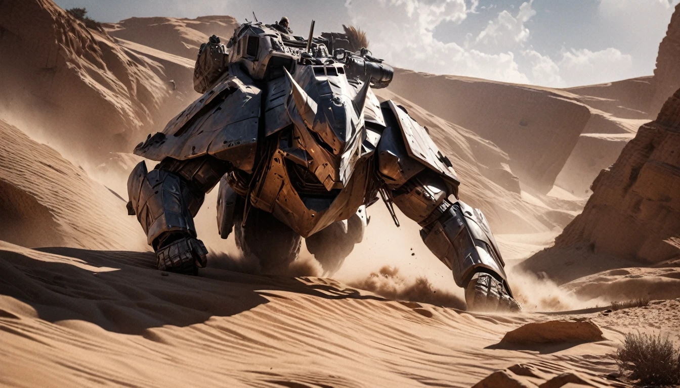 a grim battle-scarred Ultramarine Space Marine helmet off, standing next to a battle-scarred Rhino combat tank in a windy desert daytime, glamour shot from low angle, (best quality,4k,8k,highres,masterpiece:1.2),ultra-detailed,(realistic,photorealistic,photo-realistic:1.37),cinematic lighting,dramatic shadows,moody atmosphere,gritty,high contrast,muted colors,worn textures,imperfections,weathered,rugged
