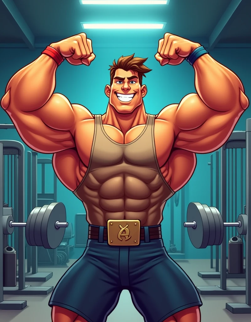 Cartoon style bodybuilder man in gym bigger biceps attitude face