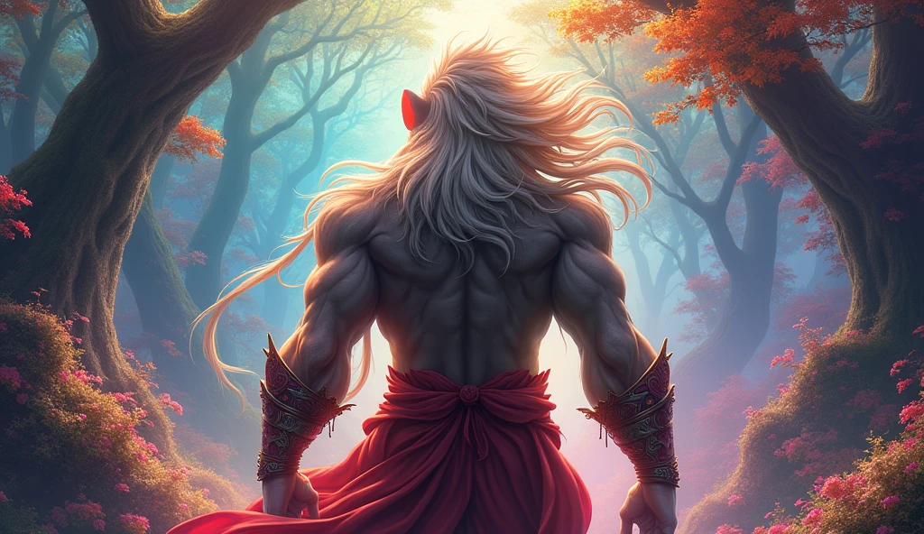 Sun Wukong with his long hair stands with his back to the rainbow forest.