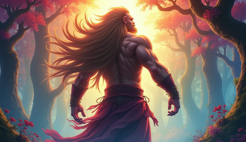 Sun Wukong with his long hair stands with his back to the rainbow forest.
