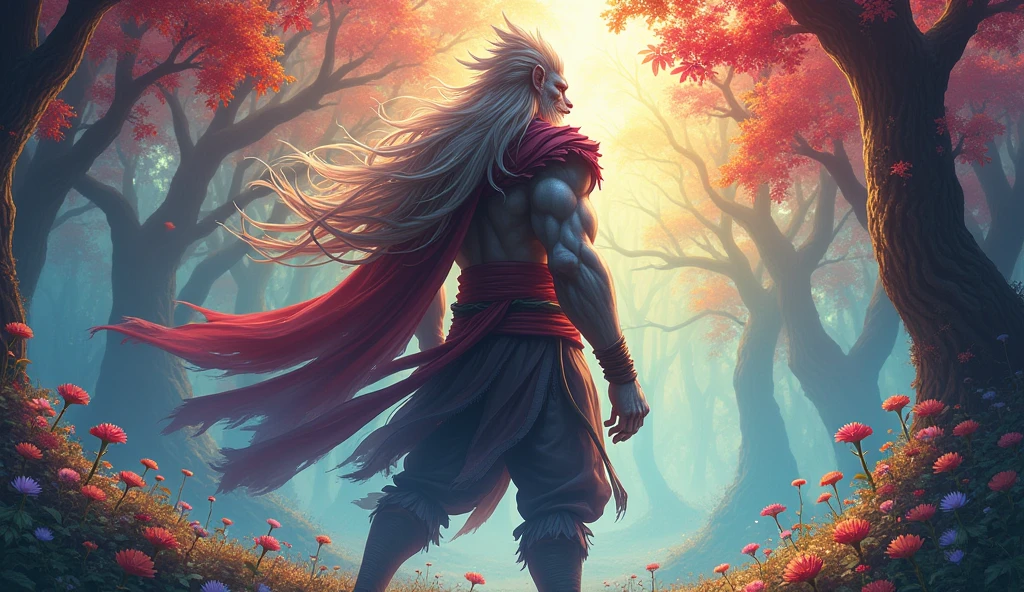 Sun Wukong with his long hair stands with his back to the rainbow forest.