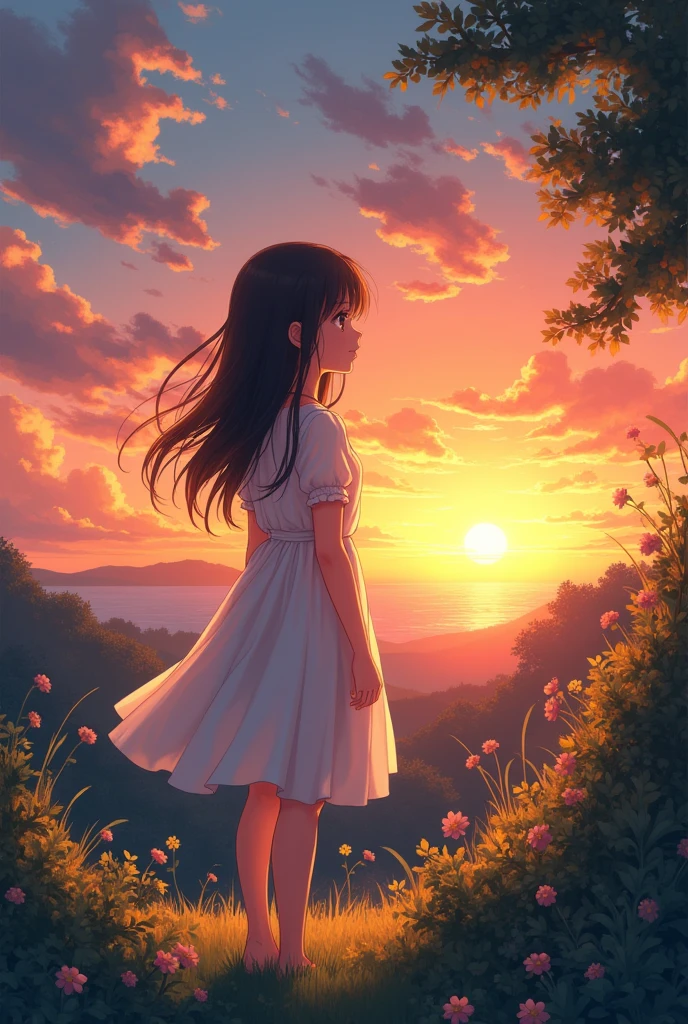 make photo of girl standing under sunset watching the sun set enjoying the breeze in anime style