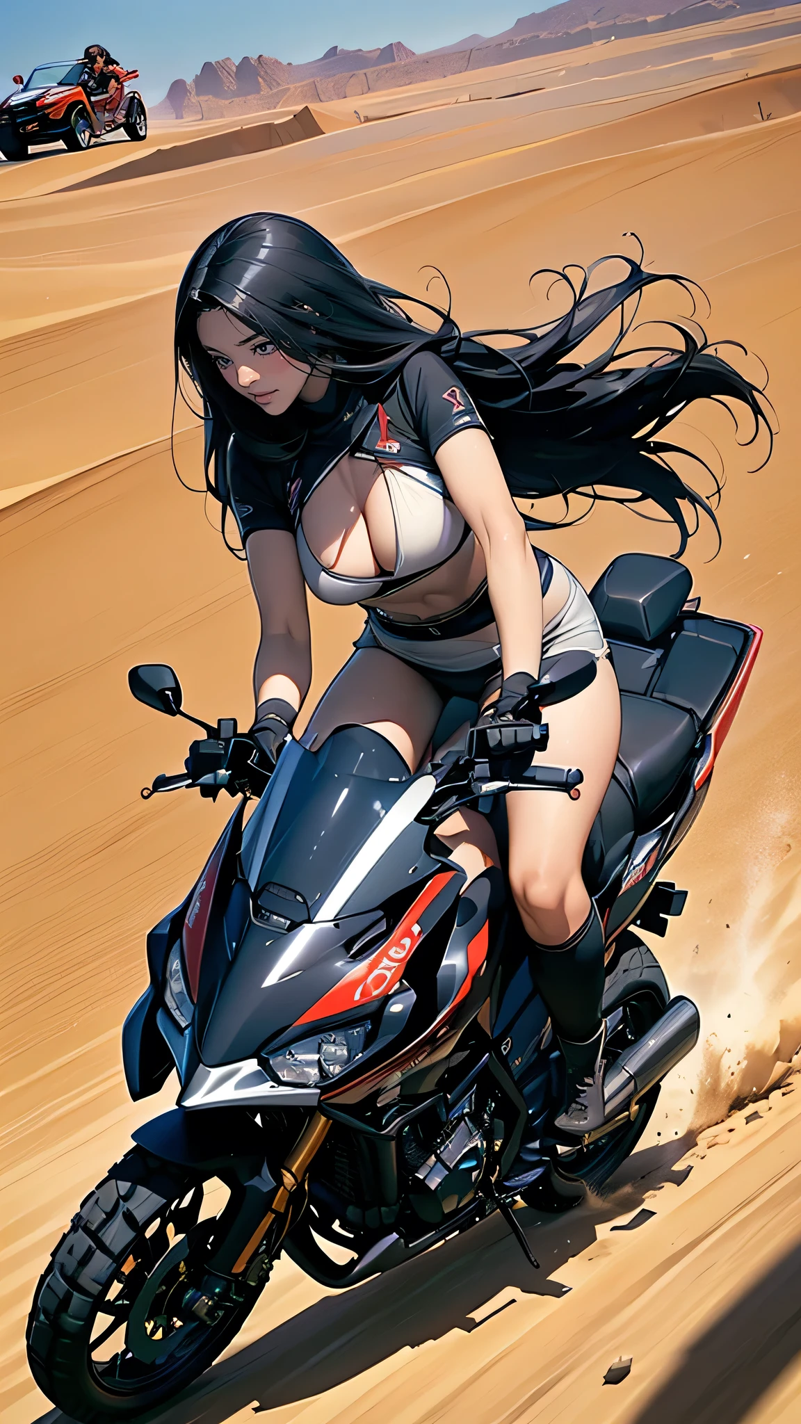 (((Woman with long hair, A black-haired straight man racing a large Honda off-road motorcycle in the pitch-black Algerian Sahara desert))),((that&#39;A two-wheeled vehicle&#39;Quite large for a woman.:1.3)), BREAK ((It's very dark around here,Late Night,that&#39;That's just moonlight.:1.3)), (((Behind me is incredibly large, Bright red moon.:1.8))),((Drawing the moon)), BREAK (((She is wearing a dark blue bikini:1.8))),(Racing Gloves,Racing Boots, Wearing motocross goggles), BREAK (8 heads,Slim figure),(Beautiful slim neck),(Beautiful clavicle),(Hard, Round and beautiful large chest),(Beautiful Valley),(Beautiful and flat abdomen),(Beautiful toned waist),(Beautiful bouncy large buttocks),(Beautiful slim thighs),(Beautiful toned calves),(Beautiful slim ankles),(Beautiful hands and feet), BREAK ((Explosives,Sprint,wind:1.3)), ((Fluttering Hair:1.8)), ((Tires kicking up sand,Sand Dust:1.6)), BREAK ((Expressing a sense of speed,Expression of cutting through the air:1.4)), ((Expression of the headlight's light swaying:1.4)), BREAK (1 screen,from before,Dynamic Angle), ((A woman and bike are photographed in close proximity)), (Highest quality,4K,8k,High resolution,masterpiece:1.2),Very detailed,(Realistic,photoRealistic,photo-Realistic:1.37), (Perfect Anatomy), (Perfect finger to thumb ratio), (Symmetrical face), BREAK YHmotorbike