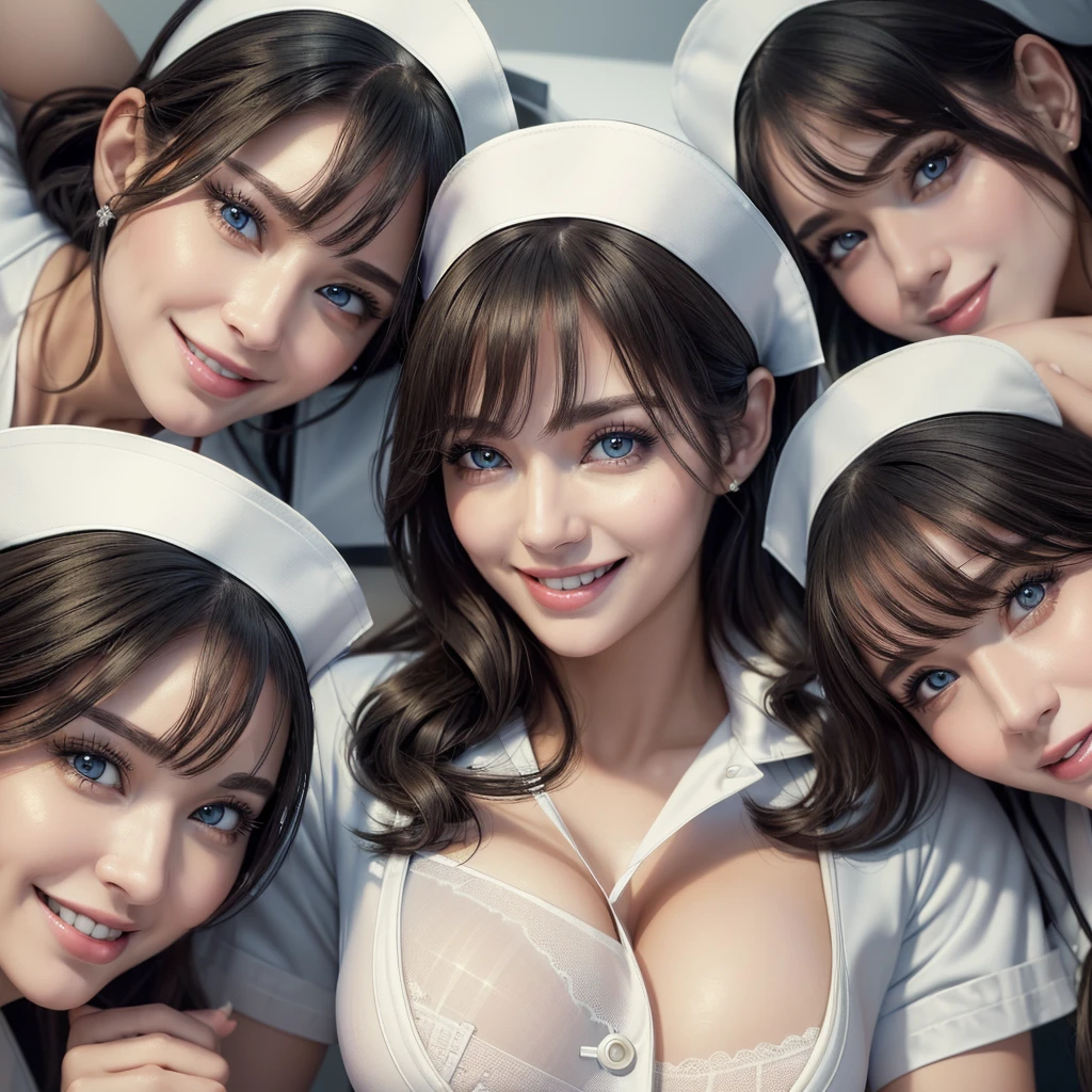 (best quality, masterpiece:1.5), (ultra-detailed, realistic:1.37),4K,(5woman:1.5),ameican,cute,beautiful,(white nurse uniform:1.2),(black pantyhose),(big breast),(bra),smile,