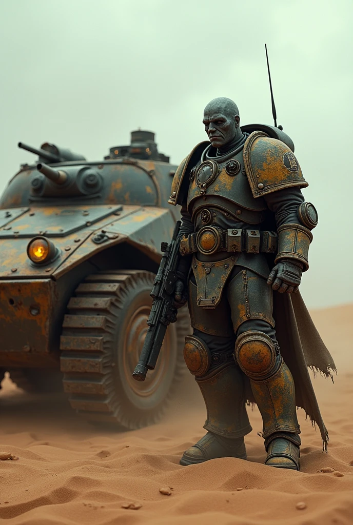 a grim battle-scarred Ultramarine Space Marine helmet off, standing next to a battle-scarred Rhino combat tank in a windy desert daytime, glamour shot from low angle, (best quality,4k,8k,highres,masterpiece:1.2),ultra-detailed,(realistic,photorealistic,photo-realistic:1.37),cinematic lighting,dramatic shadows,moody atmosphere,gritty,high contrast,muted colors,worn textures,imperfections,weathered,rugged