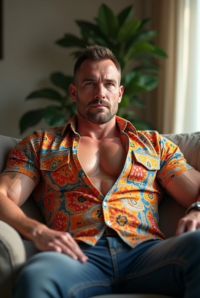 40 years old body builder white men wearing unbuttoned double pocket multi colored shirt at home on sofa