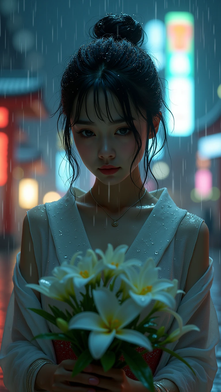 (32K:1.9, Highest quality, masterpiece, Ultra-high resolution), (((heavy snow, Blizzard))), Highly detailed skin and facial textures:1.3, Perfect dynamic composition:1.2, (Shrine at night in a modern city, Expressions of sadness:1.0, Tears flow:1.0, Crying with a broken heart:1.0), Slim office lady wet with rain:1.3, Cowboy Shot, Fair skin:1.2, Sexy beauty:1.1, Perfect Style:1.2, beautifully、aesthetic:1.1, Very beautiful face:1.2, Water droplets on the skin, (Rain dripping down on my body:1.2, Wet body:1.2, Wet Hair:1.3), (Professional kimono dressing:1.1, Holding a bouquet of wet lilies:1.2, Wearing a wet pink kimono correctly:1.3), (Mid-chest, Bra is sheer, Chest gap), (Beautiful erotic eyes:0.9, Too erotic:0.9, Fascinating:0.9), necklace, Earrings, bracelet, wedding ring, Highly detailed hands and fingers
