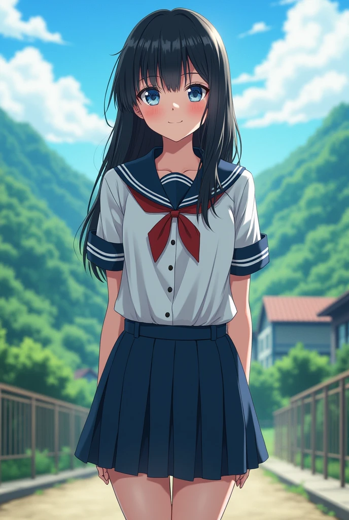 (((Full body image of a woman))),(Model shooting style), Yoshika Matsuda,Tight uniform,Beautiful valley,Shiny black hair、 Extremely rich facial detail, Beautiful Eyes, cute, masterpiece,A lively schoolyard