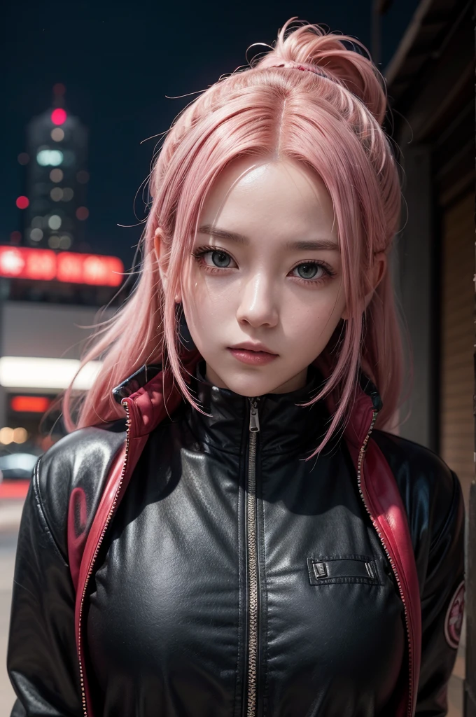 Create a 4K portrait of Sakura Haruno from 'Naruto' as a realistic human. Depict her with a smooth, fair complexion and vibrant pink hair styled in a short, practical cut. Her eyes should be a striking green, full of determination and warmth. Dress her in a modern, stylish outfit inspired by her ninja attire—such as a sleek, red jacket with black accents and fitted pants. Place her in a contemporary urban setting, with a background that subtly hints at her ninja origins, like a cityscape with tall buildings and a hint of traditional architecture. Ensure her expression conveys confidence and strength, with natural lighting that highlights her features.