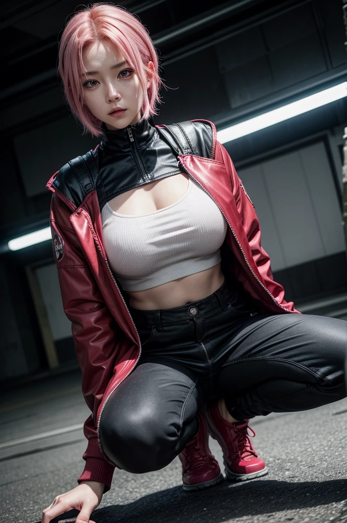 Create a 4K portrait of Sakura Haruno from 'Naruto' as a realistic human. Depict her with a smooth, fair complexion and vibrant pink hair styled in a short, practical cut. Her eyes should be a striking green, full of determination and warmth. Dress her in a modern, stylish outfit inspired by her ninja attire—such as a sleek, red jacket with black accents and fitted pants. Place her in a contemporary urban setting, with a background that subtly hints at her ninja origins, like a cityscape with tall buildings and a hint of traditional architecture. Ensure her expression conveys confidence and strength, with natural lighting that highlights her features.