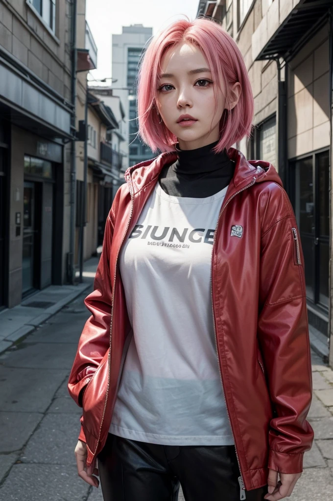 Create a 4K portrait of Sakura Haruno from 'Naruto' as a realistic human. Depict her with a smooth, fair complexion and vibrant pink hair styled in a short, practical cut. Her eyes should be a striking green, full of determination and warmth. Dress her in a modern, stylish outfit inspired by her ninja attire—such as a sleek, red jacket with black accents and fitted pants. Place her in a contemporary urban setting, with a background that subtly hints at her ninja origins, like a cityscape with tall buildings and a hint of traditional architecture. Ensure her expression conveys confidence and strength, with natural lighting that highlights her features.