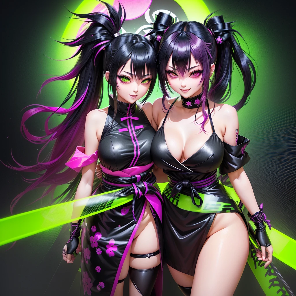 A cool Japanese manga-style illustration,Goth style with black, magenta and fluorescent green,One person, Twintails tied high, Magenta and fluorescent green gradient hair, The setting is a kaiten-zushi (conveyor belt sushi) restaurant,They are smiling and enjoying themselves, sweeping away the plates of sushi on the conveyor belt with their arm.,