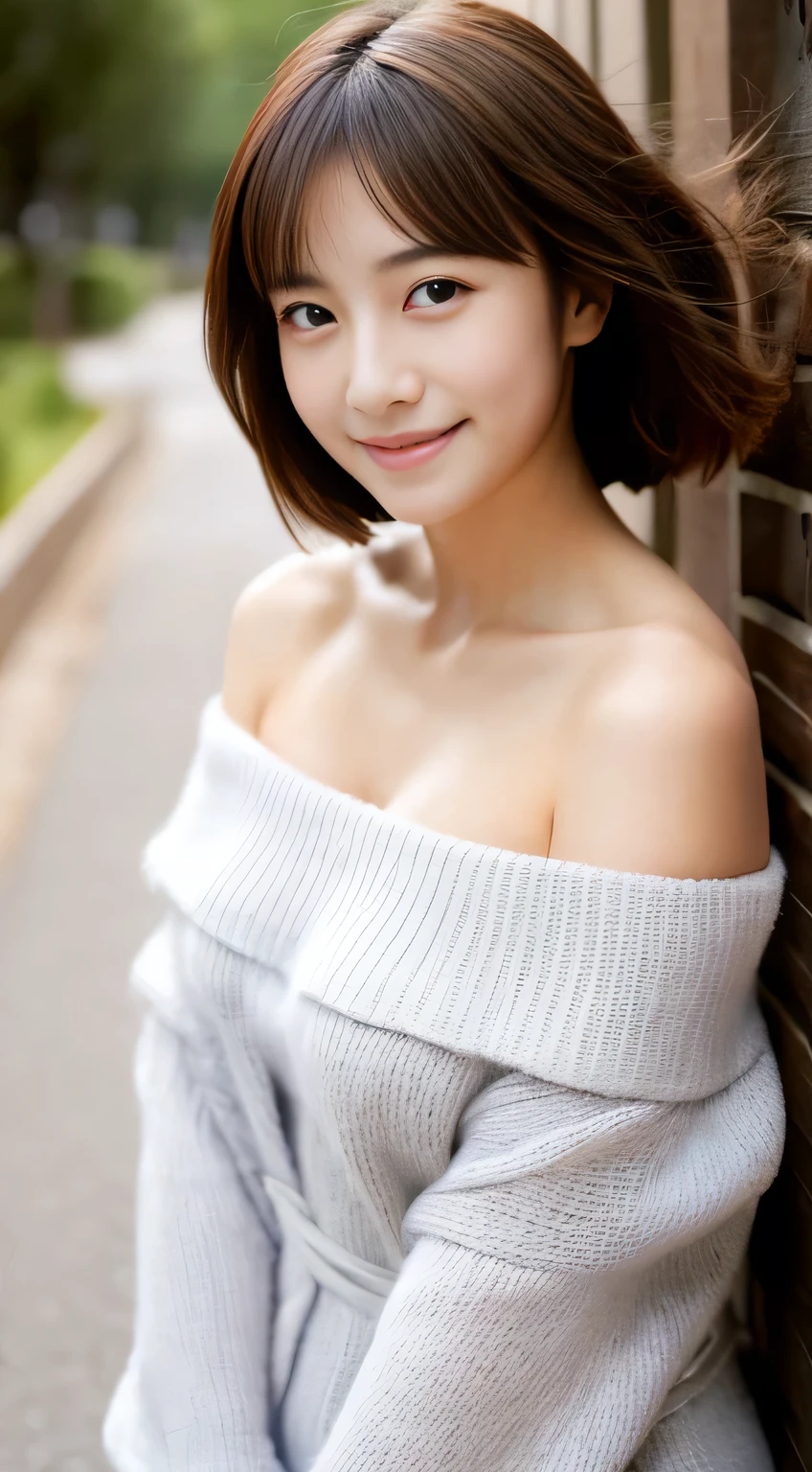 (photographed:1.2)、(Photorealsitic:1.4)、(​masterpiece:1.3)、(top-quality:1.4)、超A high resolution、(A detailed eye)、(detailed facial features)、(detailed clothes features)、8K分辨率、solofocus、bangss、Double eyelids、Beautiful lips、toned legs、(Slender girl)、(a japanese girl)、(Japan Faces)、1 girl in、Slim Beauty:1.3、Hair color is ash brown、Delicate hair、((The background is a mountain of autumn leaves々))、Lake with autumn leaves reflected、Girl by the lake、(((Pink long coat)))、(The inner is a white dress)、(Beautiful breasts:1.2)、Realistic body、de pele branca、Slim body、(short-hair:1.2)、(bangss: 1.2)、Bruising smile、kawaii faces、Lifelike face、Delicate body、((sexy  pose))、stunning lighting