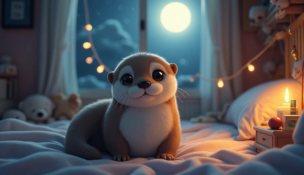 (Highest quality,expensive:1.2),Realistic,Stick Figures,Anime Big Tits,Cute sea otter,(night,Moonlight was streaming in through the little otter's bedroom window.,It lit up a corner of the room.)