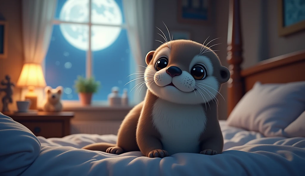 (Highest quality,expensive:1.2),Realistic,Stick Figures,Anime Big Tits,Cute sea otter,(night,Moonlight was streaming in through the little otter's bedroom window.,It lit up a corner of the room.)