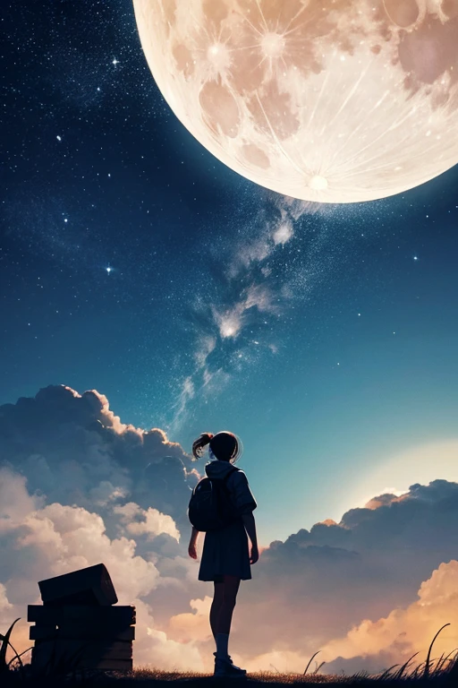 Highest quality,Big moon and shadow,A silhouette of a person can be seen against the backdrop of a large moon.,There is one full moon,There is a mood,Beautiful scenery,Starry Sky