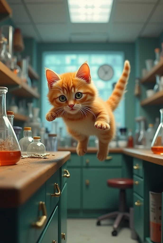 A ginger kitten that falls from the lab bench.