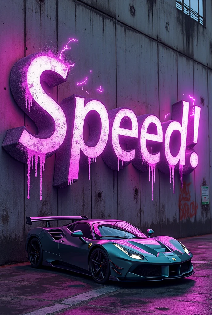 Graffiti written on wall " Speed " with cigarettes purple torches and monza car 