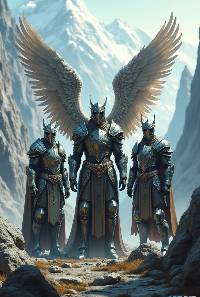 Three men in armor one with wings in the middle in a mountain area