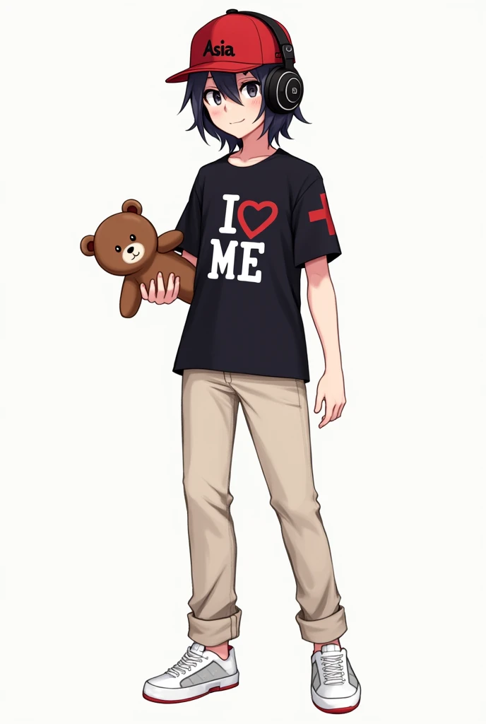 a male character,of anime, skin colored,medium long black hair,a red cap with Asia on the back,black headphones with a red cross,una camisa negra que diga I ♥️ ME, skin-colored pants with white shoes, with a small brown bear