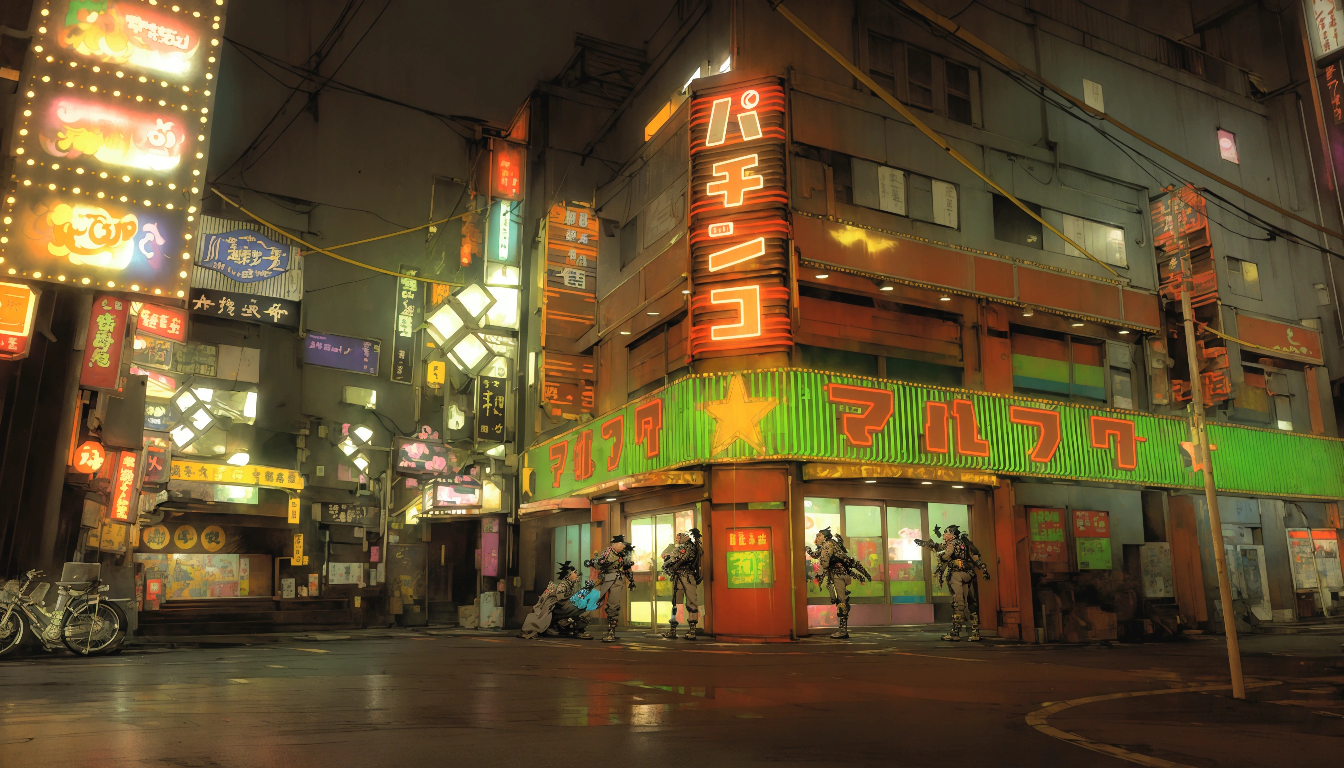 A manga scene of a street with many neon lights on the side of the buildings, Neon Tokyo，Neon sign，Street at night，street japan，Kabukicho，Cyberpunk Streetjapan, Neon Tokyo, Downtown Japan, Tokyo Anime Scene, Japanese cities, new tokyo背景, Japanese cities at night, Cyberpunk Gunma Prefecture, Cyberpunk Street, Cyberpunk Street at night, new tokyo, new tokyo，Comic Style，Cartoon Style，Thick coating style，Hand-drawn style