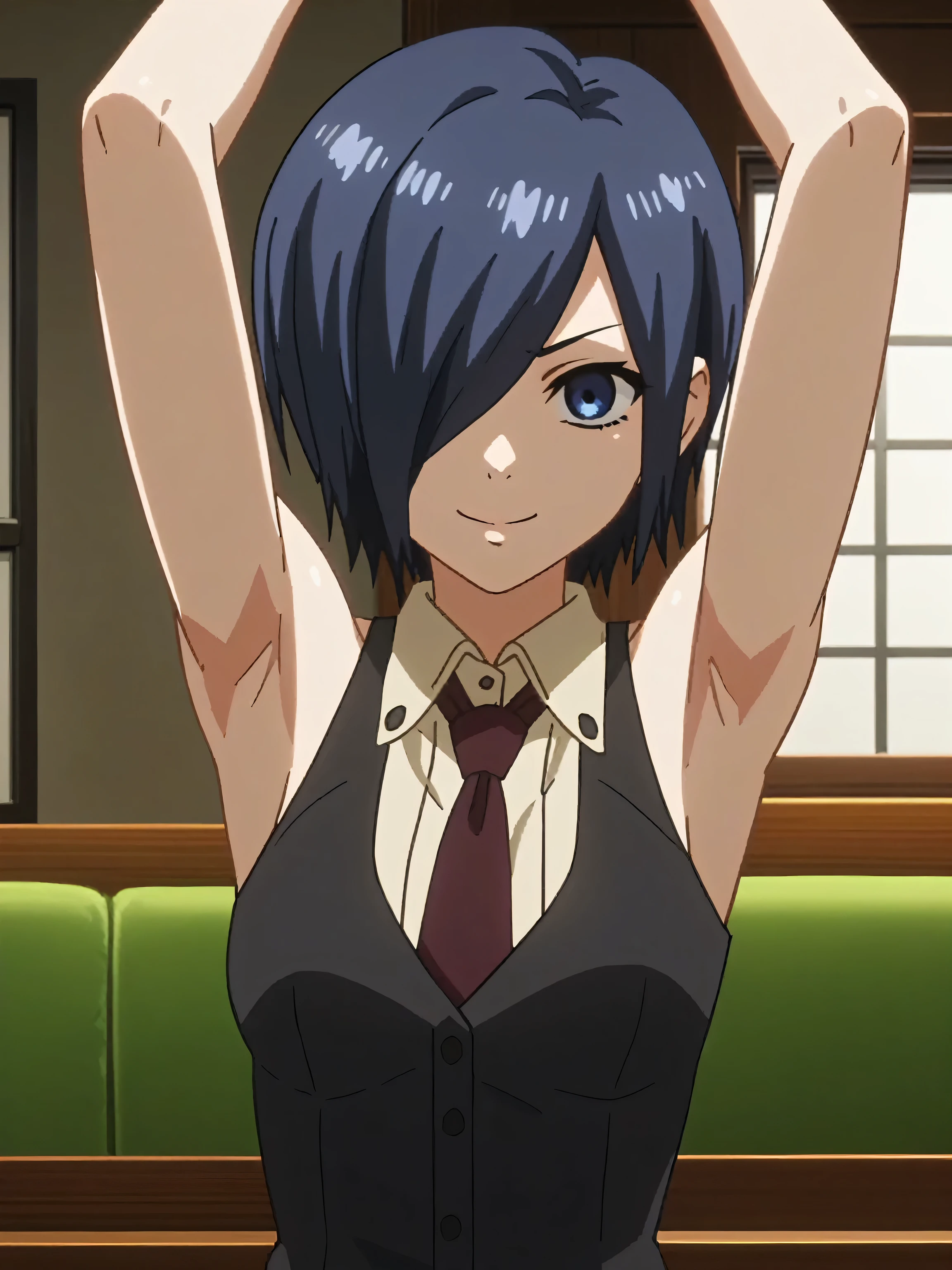 score_9, score_8_up, score_7_up, source_anime, anime screencap, indoors, 1girl, solo, kirishima touka, blue hair, hair over one eye, blue eyes, medium breasts, white shirt, sleeveless shirt, necktie, black vest, bare shoulders, bare arms, looking at viewer, eye contact with viewer, smile, closed mouth, arms up, raised arms, armpits, 